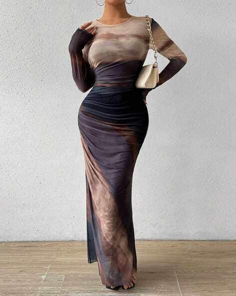 brown tie dye bodycon dress French tie-dye printed spaghetti strap dress long bodycon dress  Miss  Merylin