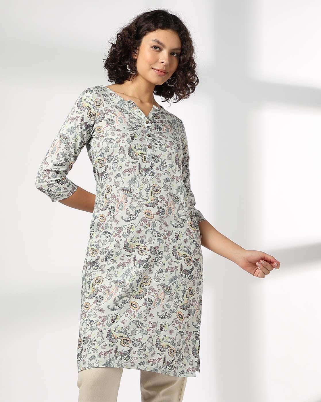 AVAASA MIX N' MATCH Women Crooked Paisley Jaal Print Straight Kurta For Women (Blue, S)