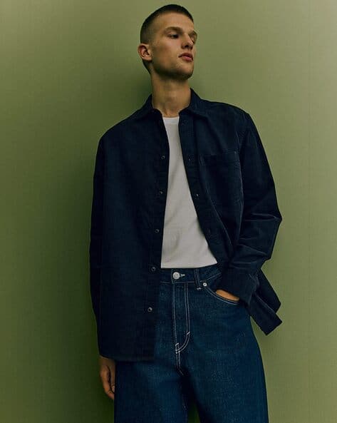 Corduroy Collar H And M Denim Jacket Mens H&M Men Blue Solid Denim