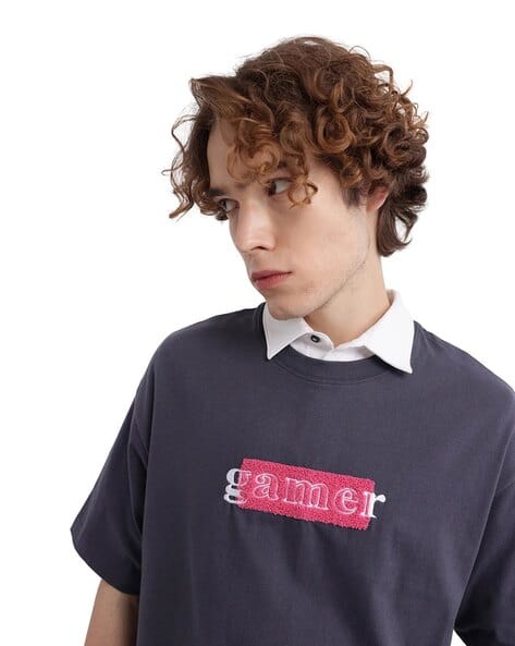 Rare Rabbit Men Embroidered Oversized Fit Crew-Neck T-Shirt