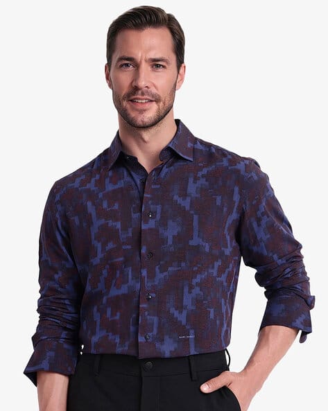 Rare Rabbit Men Abstract Boxy Fit Shirt with Button-Down Collar