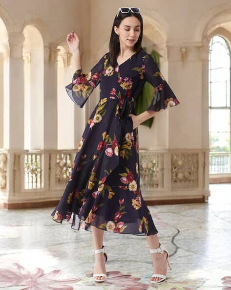 Women Floral Print Wrap Dress