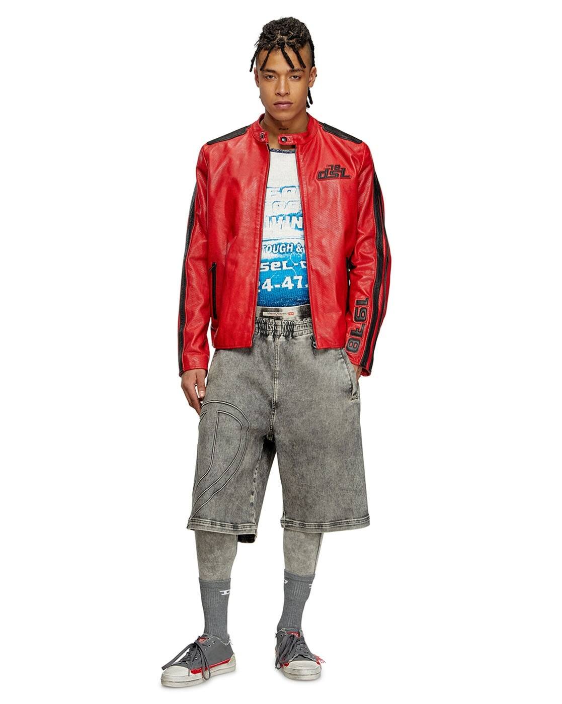 Buy DIESEL Perforated Leather Biker Jacket | Red Color Men | AJIO LUXE