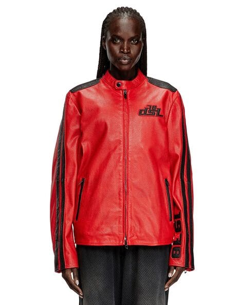 ジャケット・アウター   Red Label Leather Jacket Buy DIESEL Perforated Leather Biker Jacket | Red Color Men | AJIO LUXE