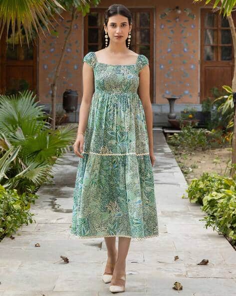 FIORRA Women Leaf Print Square-Neck Fit & Flare Dress