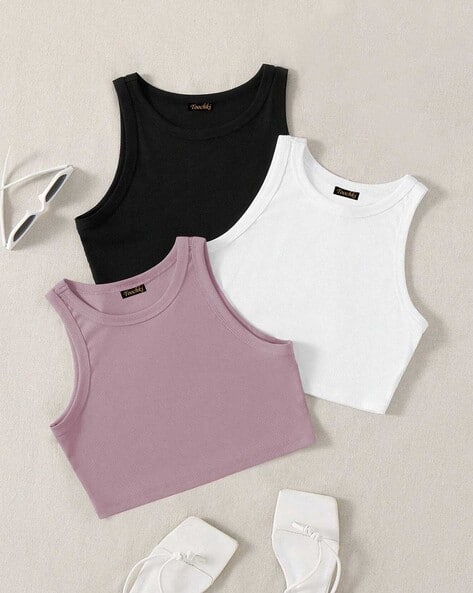 トップス  Ribbed tank 3pk Buy Toochki Women Pack of 3 Ribbed Crop T Online | Ajio.com