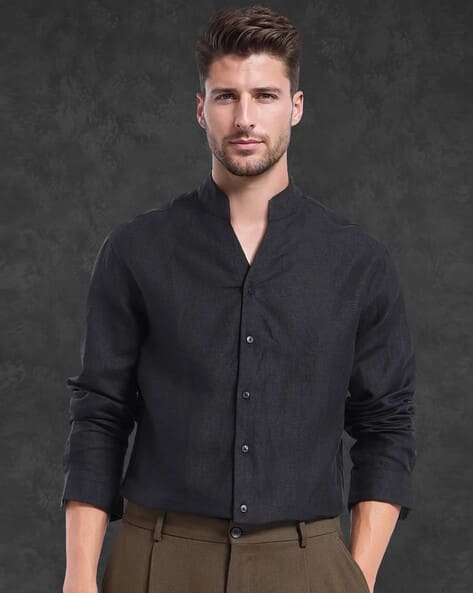 Buy Rare Rabbit Men Regular Fit Shirt with Mandarin-Collar Black