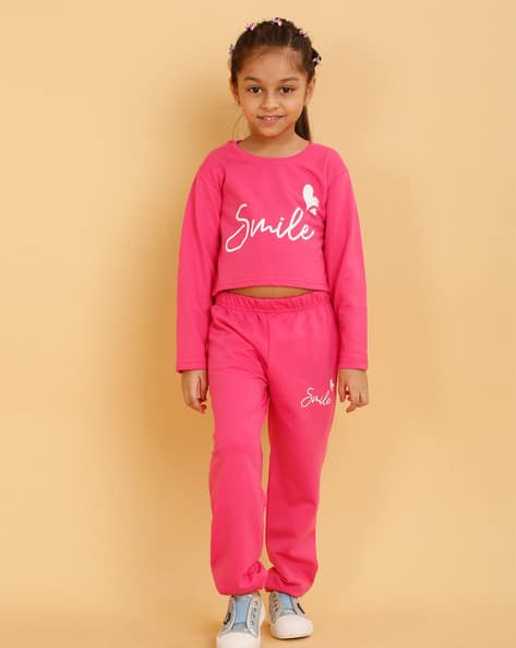 Girls Graphic Print Crop Top Trackpant Set