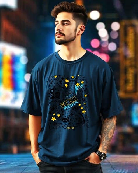 AUSK Men Graphic Print Loose Fit Round-Neck T-Shirt
