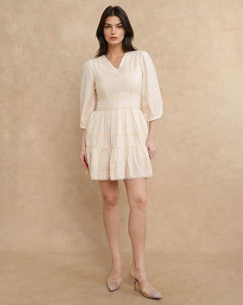 slim fit dress slacks Shop Beige Solid Midi V-Neck Dress - Casual A-Line Wear main image 1