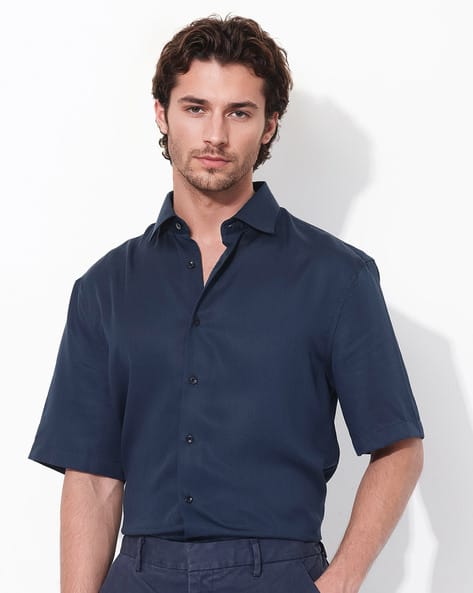 Rare Rabbit Men Boxy Fit Shirt with Spread Collar