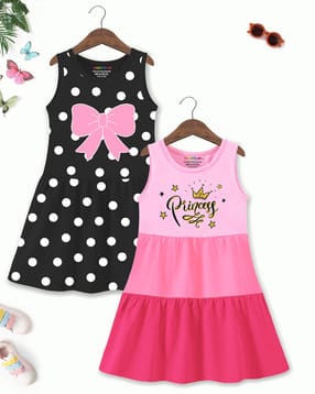 trampoline Pack of 2 Girls Typographic Print A-Line Dresses-picture-28