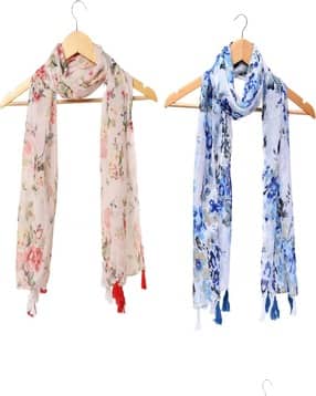 stole villa Women Pack of 2 Floral Print Scarves with Tassels-picture-22