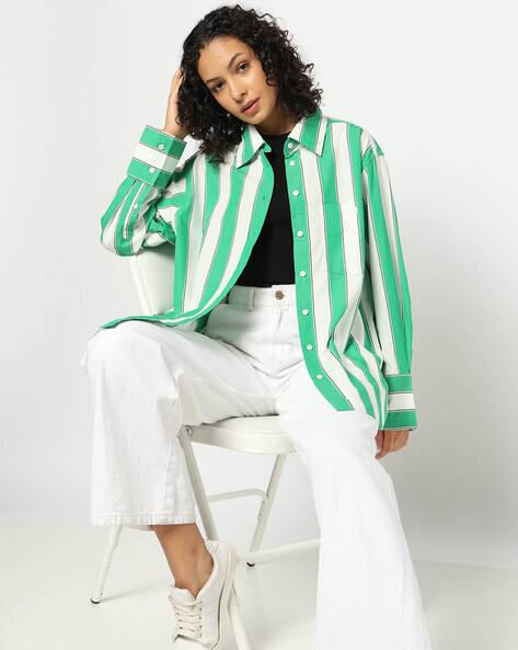 Long Sleeve Striped Green Pants V Neck Long Sleeve Top Straight