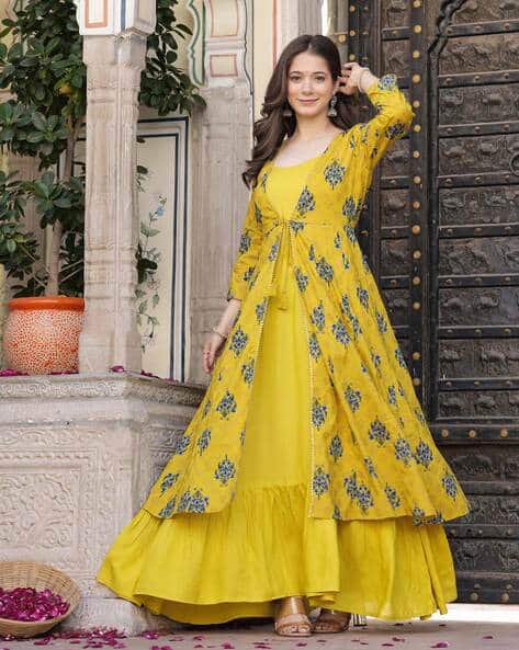 Yellow Long Traditional Shrugs Yellow Indo-Western Crop Top