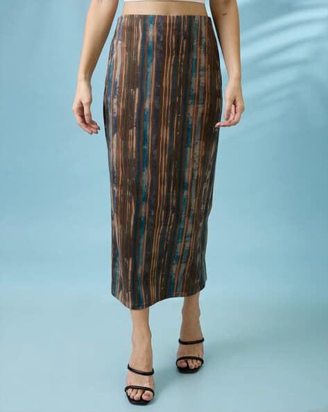 Brown High Waist Pencil Skirt Midi Skirt For Women Ribbed Knit