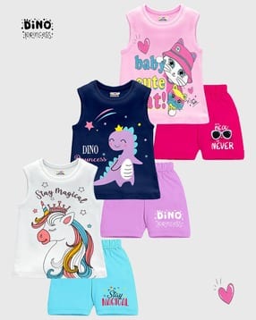 Pack of 3 Girls Graphic Print Shorts & Top Sets