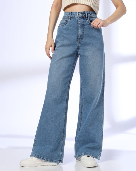 Women Mid-Wash Super Wide-Leg Jeans