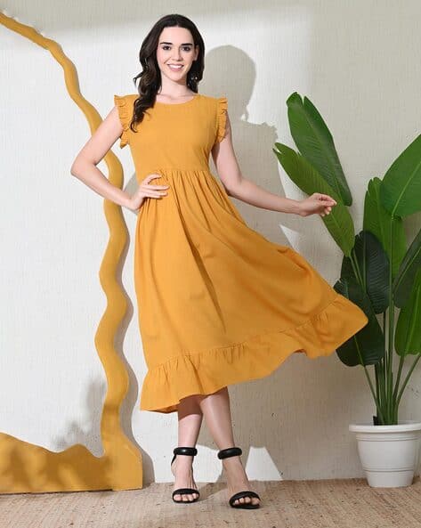 slim fit dress slacks Buy Mustard Khadi Women Fit and Flare Dress Online main image 0