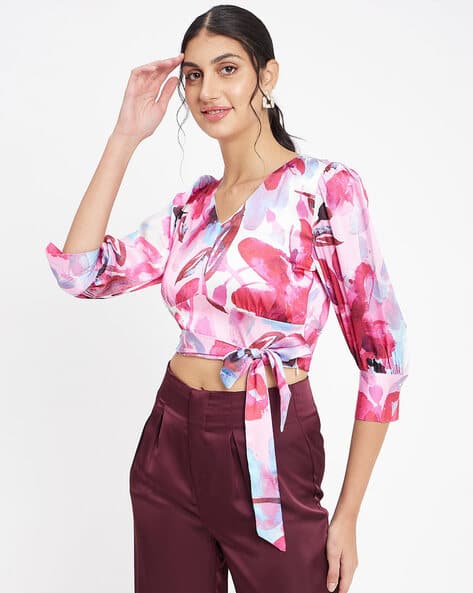 MADAME Women Pink Floral Wrap-Around Crop Top