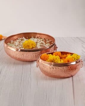the home co Set of 2 Copper Plated Beautifully Lotus Urli-picture-44