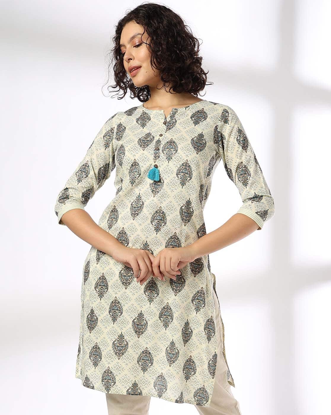 AVAASA MIX N' MATCH Women Geometric Print Straight Kurta For Women (Aqua, M)