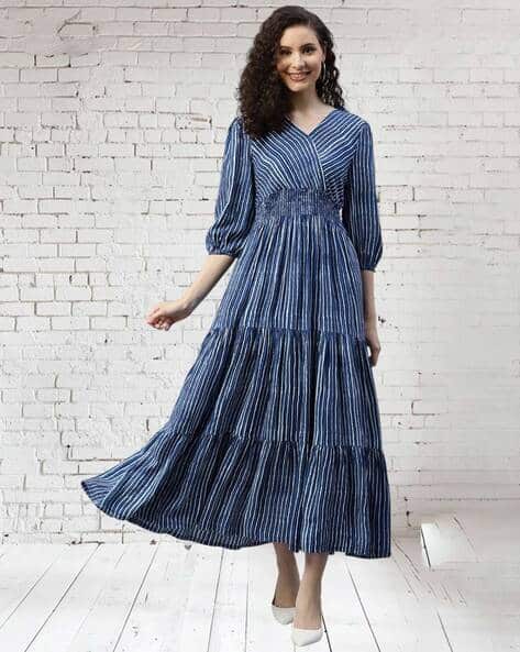 Women Striped Fit Flare Maxi Dress