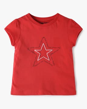 Girls Star Print Regular Fit Round-Neck Cotton T-Shirt