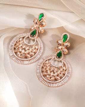 rubans Women Rose Gold-Plated Emerald Green & White CZ Stone Floral Drop Earring-picture-12