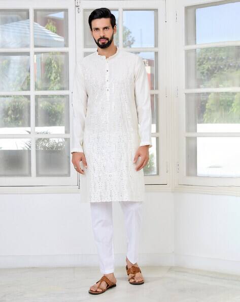 See Designs Men Embroidered Regular Fit Long Kurta with Mandarin Collar