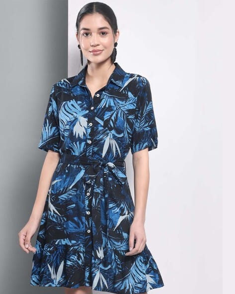 LEIA Women Leaf Print Shirt Dress with Tie-Up Belt