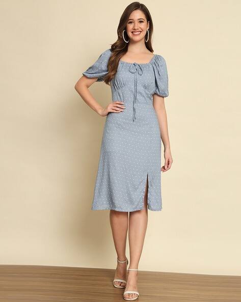 LEIA Women Polka-Dot A-Line Dress with Puff-Sleeves
