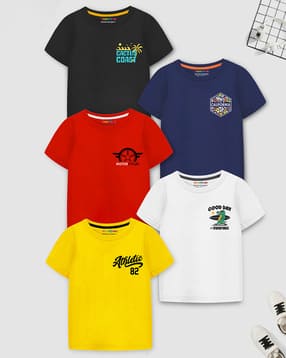 Boys Pack of 5 Typographic Print Regular Fit T-Shirts