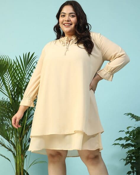 beige chiffon dress with sleeves Plus Size Pleated Midi V-Neck Long Sleeves Chiffon Wedding Guest Dress