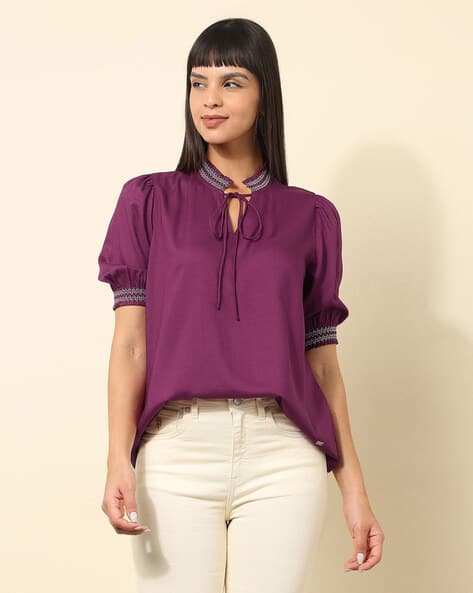 U.S. Polo Assn. Women Regular Fit Top with tie-Up Collar-Neck