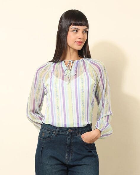 U.S. Polo Assn. Women Regular Fit Striped Top with Tie-Up Neck