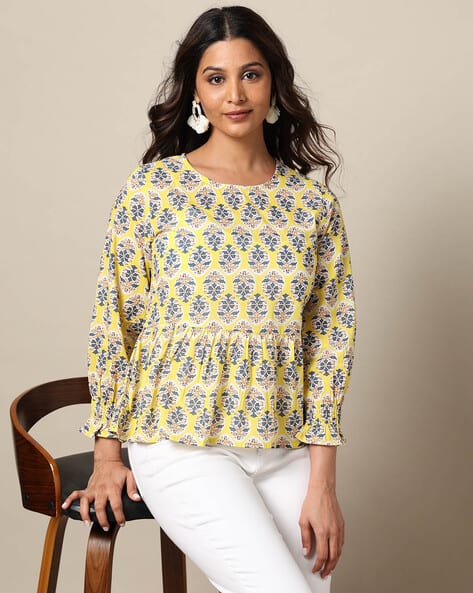 Indie Picks Handblock Print Cotton Flared Top