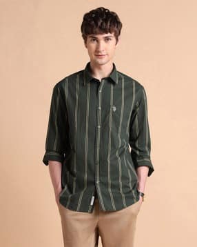 Men Striped Tailored Fit Shirt with Curved Hem-image-10