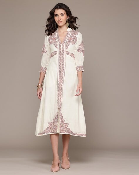 sachin and babi light blue dress Embroidered V-Neck Long Sleeve Dress  The Ornate Fox