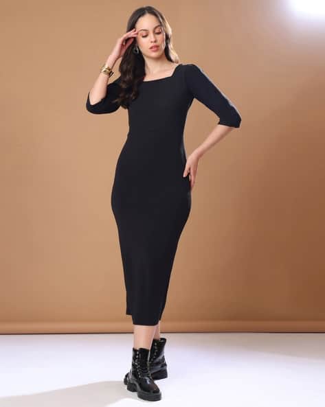 Ajio Black Midi Dresses For Women Price History Of PURPLE HAZE Square-Neck Bodycon  Dress With
