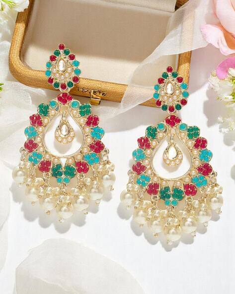 Fabula Women Stone & Pearl-Studded Drop Earrings