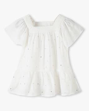 Girls Embellished Regular Fit Square-Neck Ruffled Top