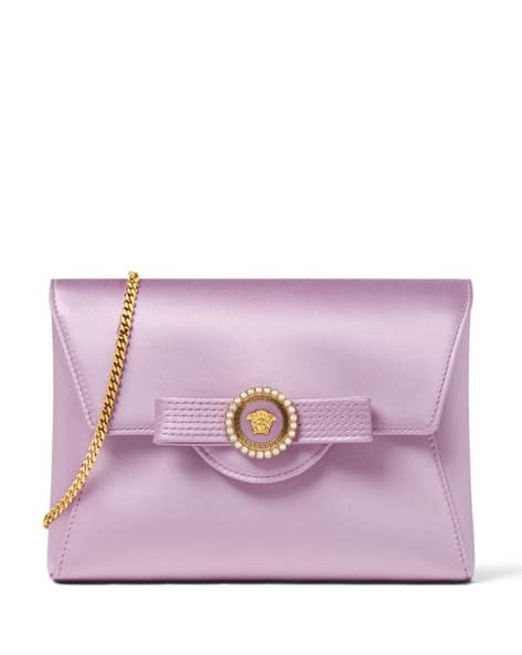 Buy VERSACE Crystal Gianni Ribbon Satin Clutch Lavender Color