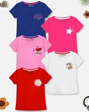 Pack of 5 Girls Printed Round-Neck T-Shirt