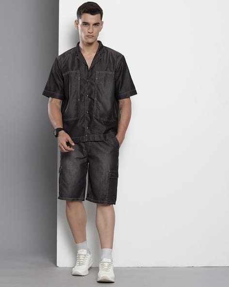 Men Boxy Fit Utility Denim Shirt Shorts Co-Ord Set