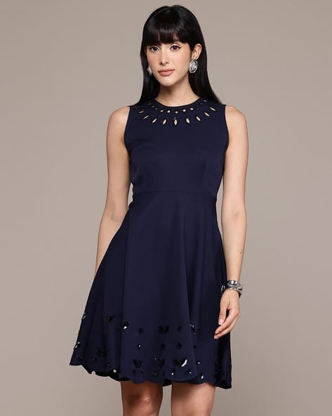 sachin and babi light blue dress Elegant Navy Blue Sequined Round Neck Evening Gown