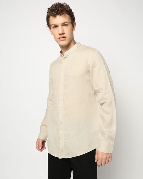 Men Regular Fit Linen Shirt with Band Collar