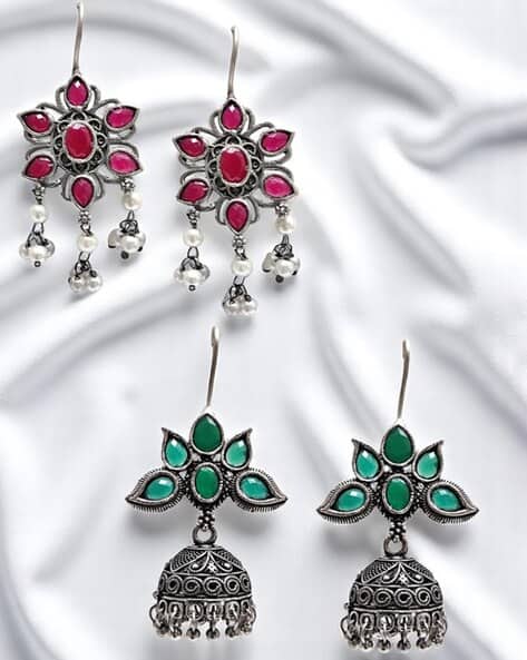 Fabula Women Set of 2 Stone-Studded Oxidised Silver Jhumka & Drop Earrings