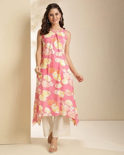 Kimayra Rayon Calf Length Printed Sleeveless Round Neck Asymmetrical Kurta