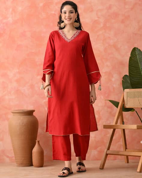 Indie Picks Embroidered Neck A Line Kurta Set
